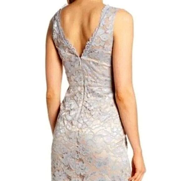 Eliza J Lace Asymmetrical Scalloped Hem Icy Blue Illusion Neckline Sheath Dress - Picture 4 of 15